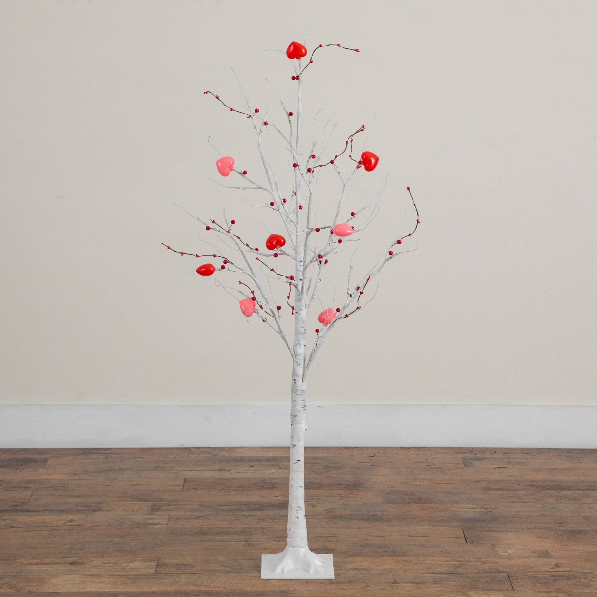 4ft. Pre-Lit Artificial Valentine's Day Twig Tree with 48 Heart Shaped LED Lights and Red Berries